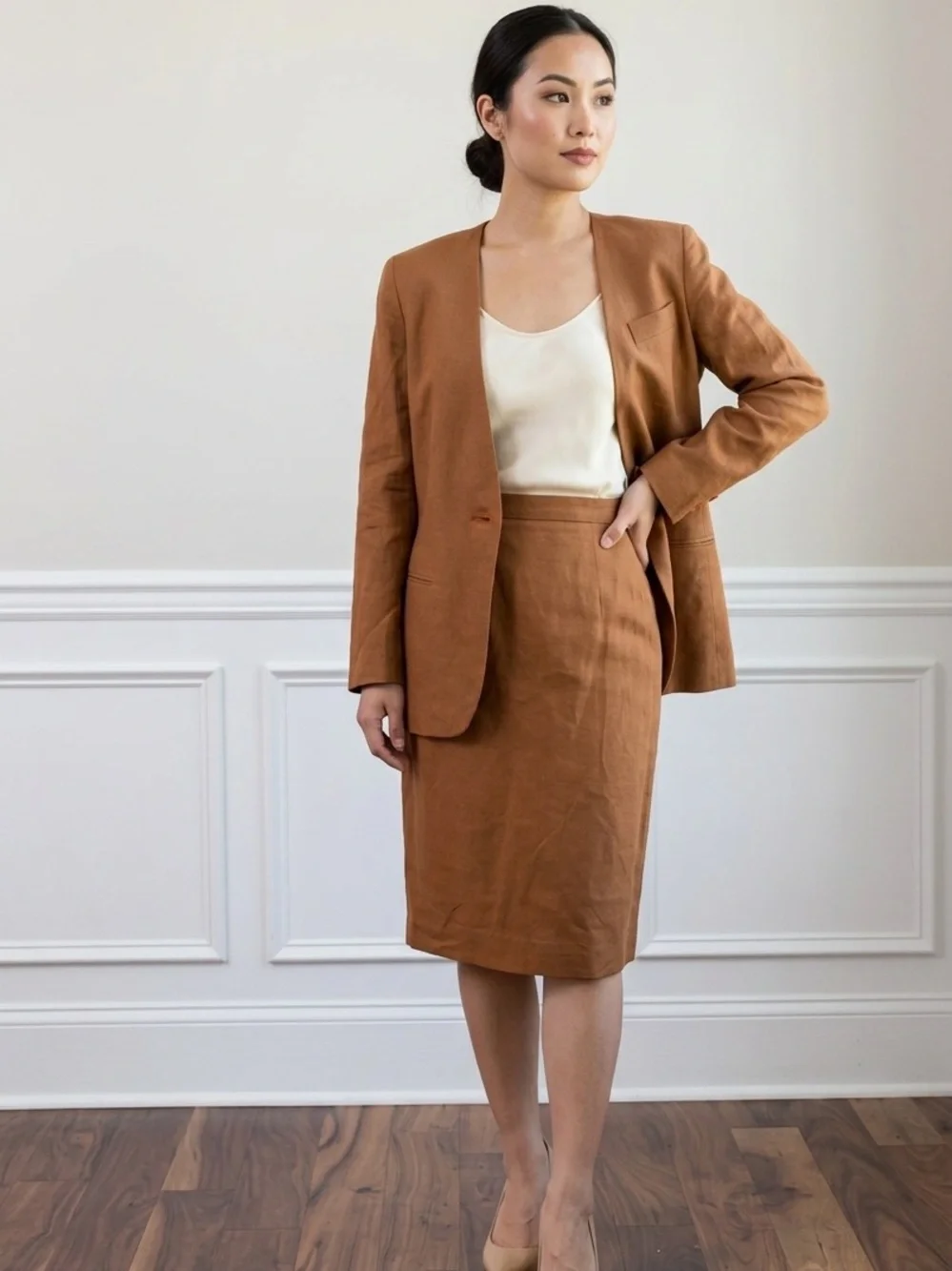 Vintage Amanda Fielding Petites Linen-Blend Skirt Suit - Toffee Brown 4P/10P Mix
